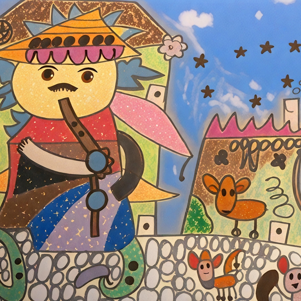 月光下的笛聲,兒童畫,孩童創作,兒童作品,孩子作品,兒童插畫,兒童藝術,原創插畫,插畫授權,文創商品,企業禮贈,ESG禮贈,客製化禮品,童心創作,童心回饋計畫,薪傳創藝坊