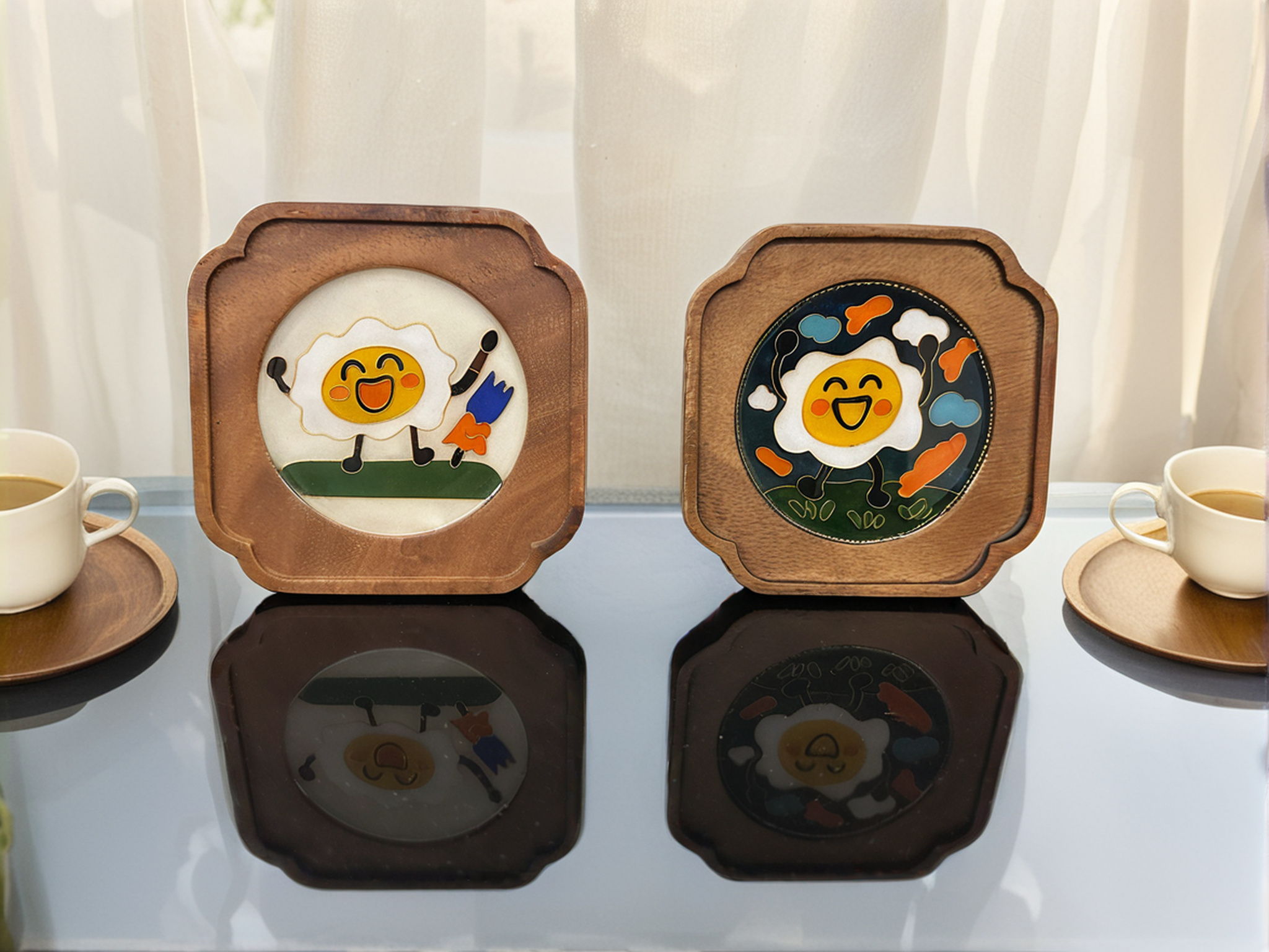 掐絲琺瑯小托盤-雞蛋小人｜胡桃木底座款