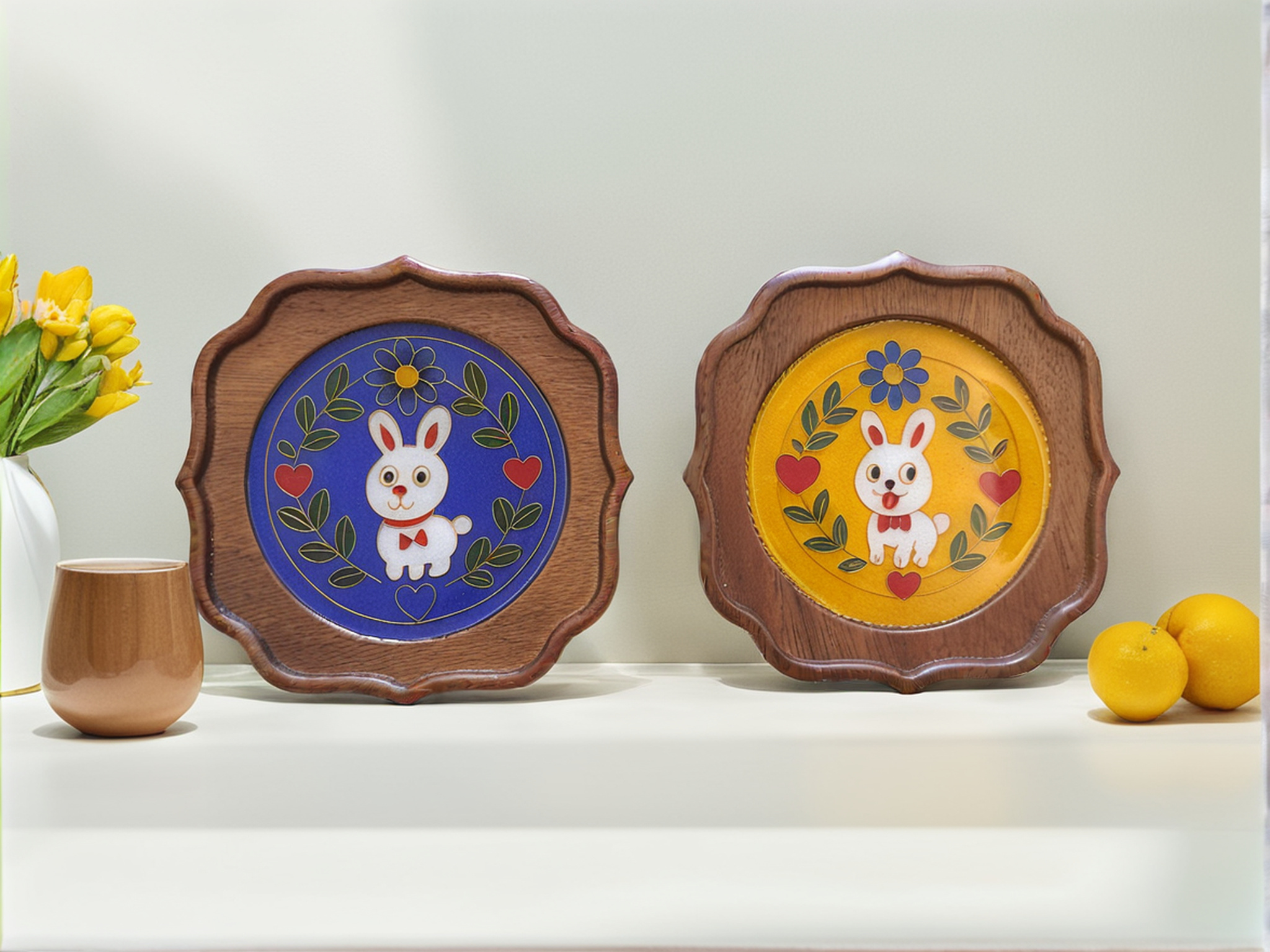 掐絲琺瑯小托盤-小兔子｜藍色款設計搭配胡桃木底座