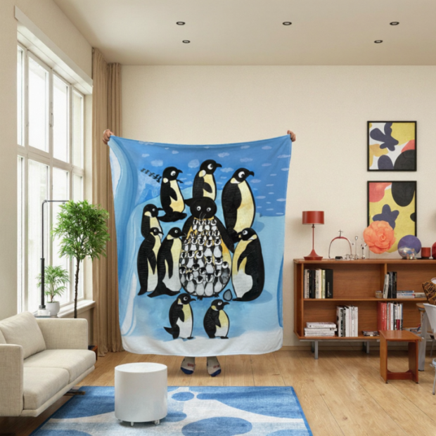 法蘭絨毛毯,企鵝,可愛,療癒,保暖,萬用毯,薄毯,午睡毯,披肩,聖誕禮物,交換禮物,旅行