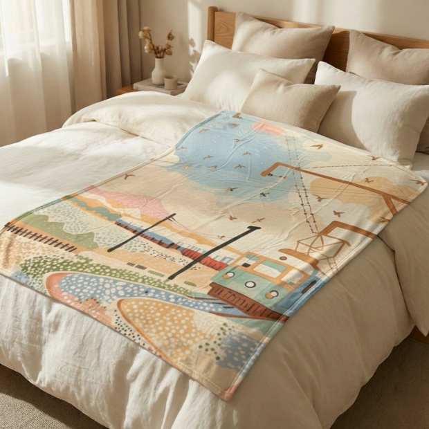 法蘭絨毛毯,火車,悠遠,療癒,保暖,萬用毯,薄毯,午睡毯,披肩,聖誕禮物,交換禮物,旅行