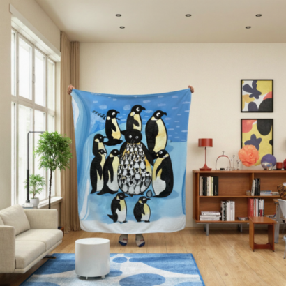 法蘭絨毛毯,企鵝,可愛,療癒,保暖,萬用毯,薄毯,午睡毯,披肩,聖誕禮物,交換禮物,旅行