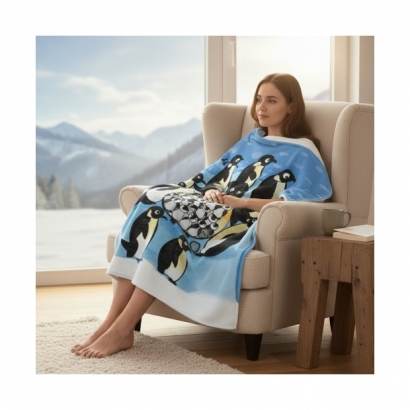 法蘭絨毛毯,企鵝,可愛,療癒,保暖,萬用毯,薄毯,午睡毯,披肩,聖誕禮物,交換禮物,旅行